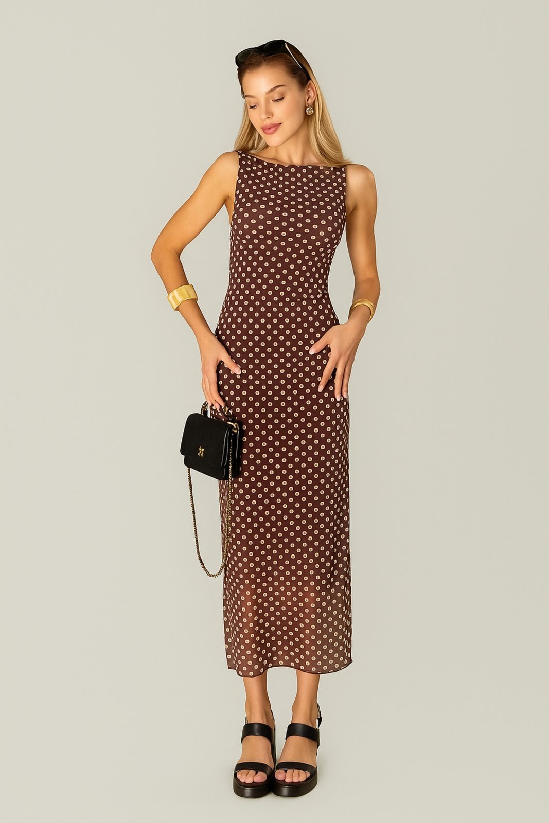 Vestido Regata de Tule Midi D Bell Outlet Fashion Poá Marrom