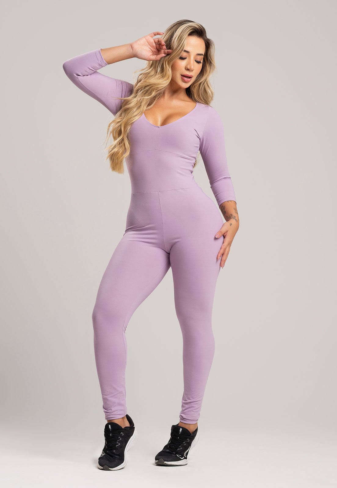 Macacão Fitness MVB Modas Longo Feminino 3/4 Costa Fechada Poliamida Lavanda