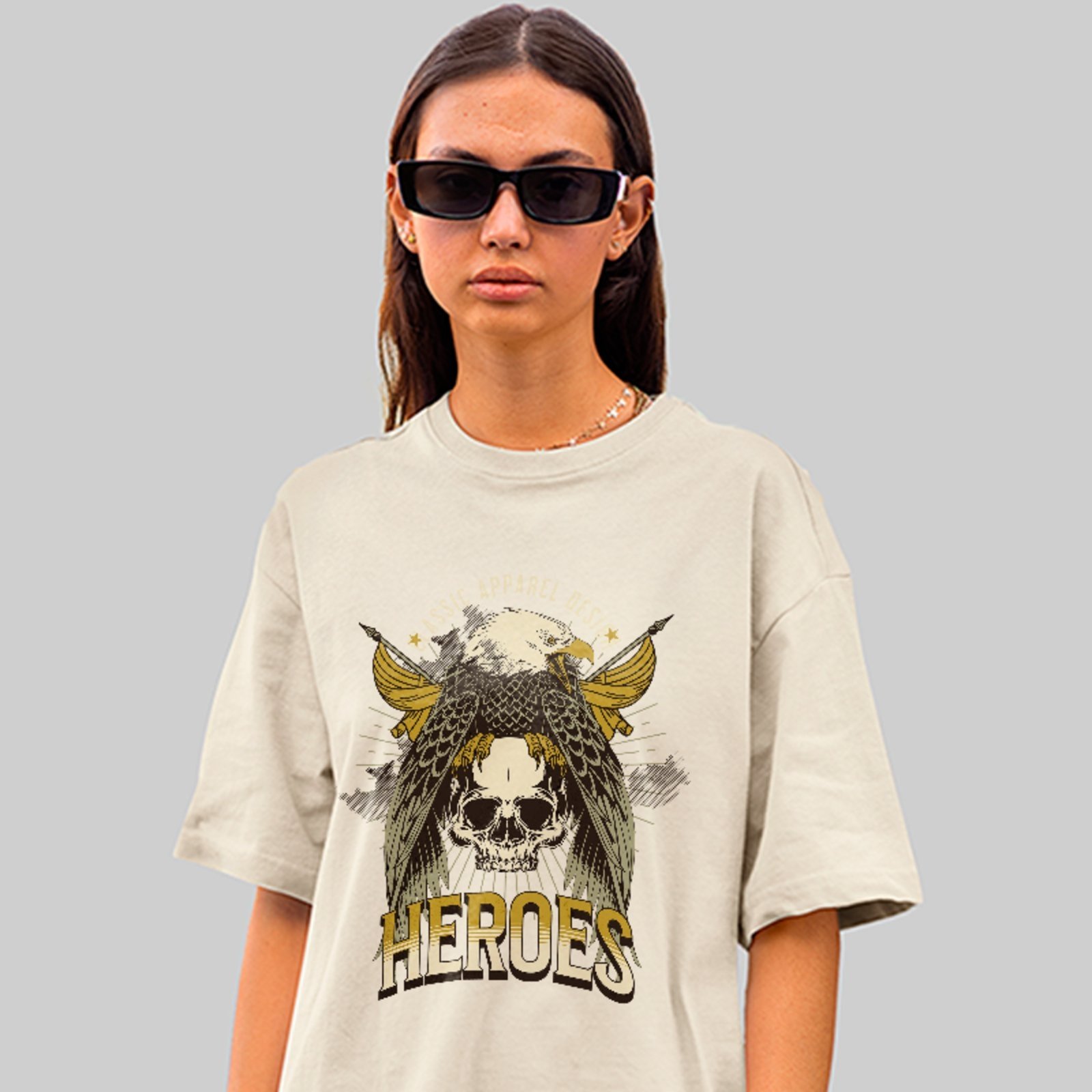 Camiseta Oversized Premium Heroes Águia Caveira Streetwear Unissex Off White