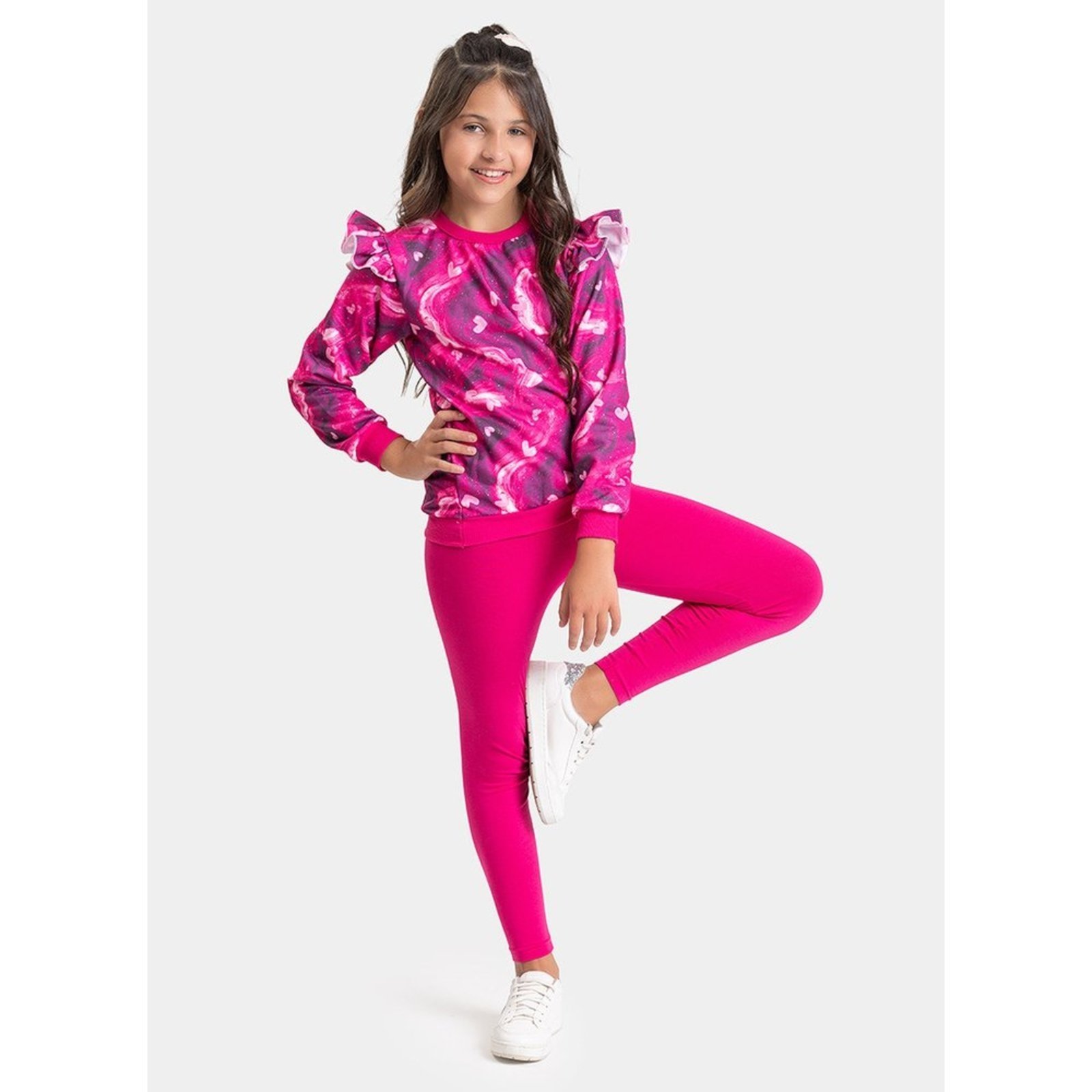 Infantil - Conjunto Inverno Menina Pink Blusão com Babado e Legging Coração Cósmico