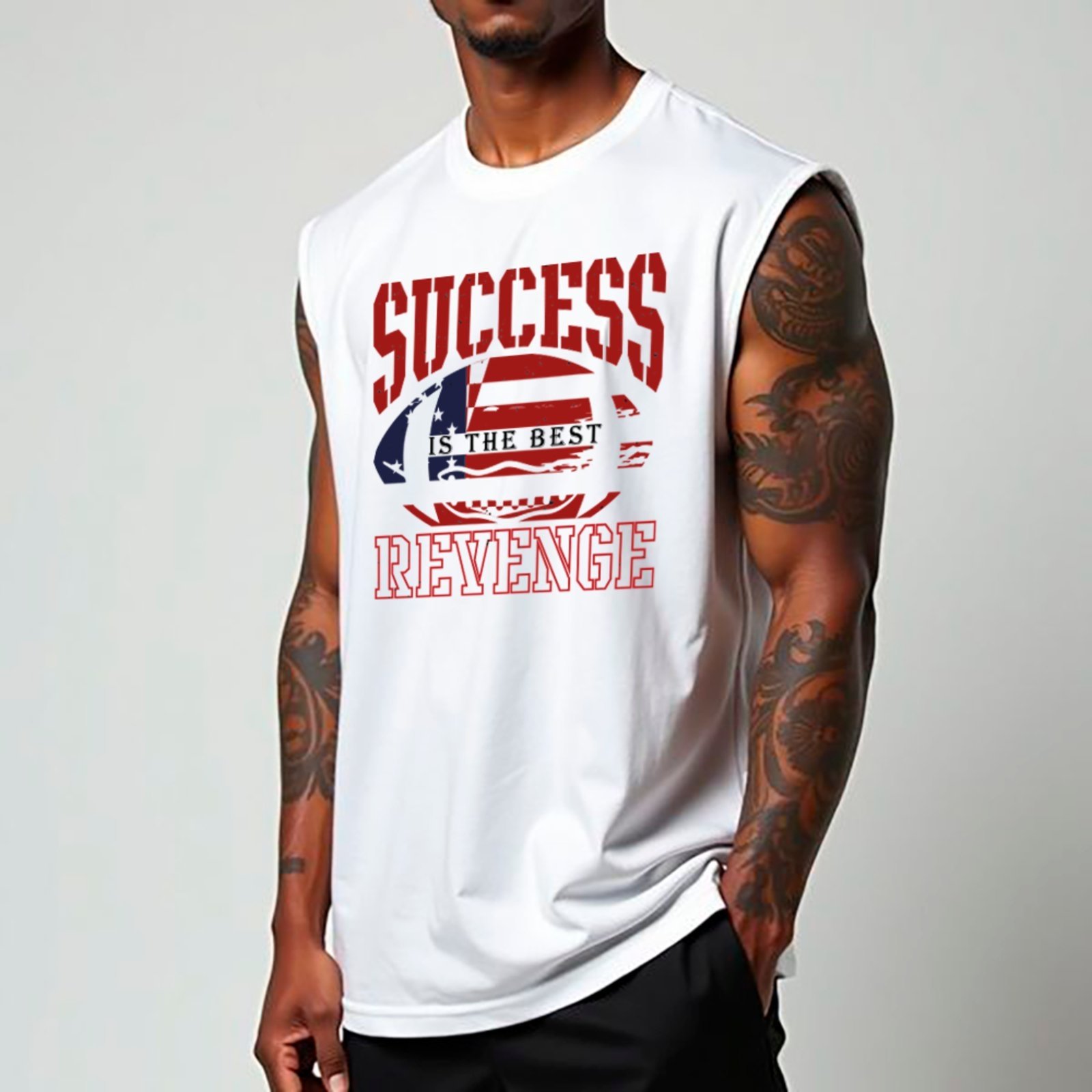 Vista 2 Camiseta Regata Machão Ousy Success Is The Best Revenge Oversized Masculina preto preto