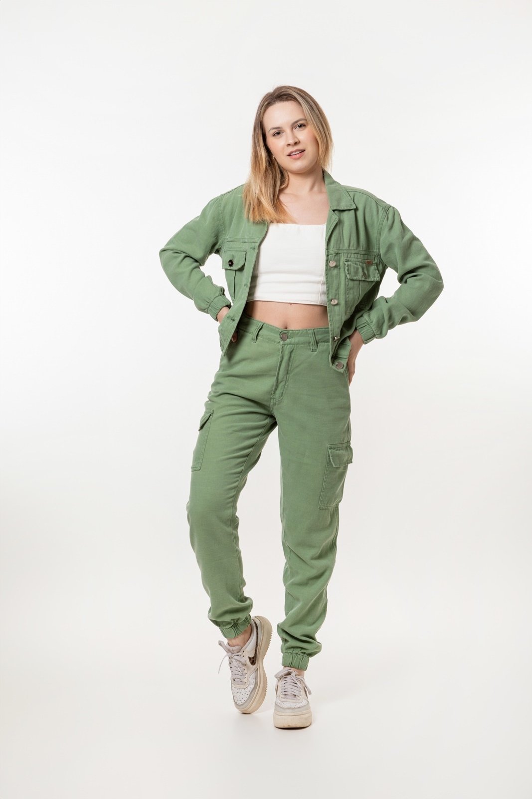 Calça Aero Jeans Cargo Joguer Linho Verde Menta