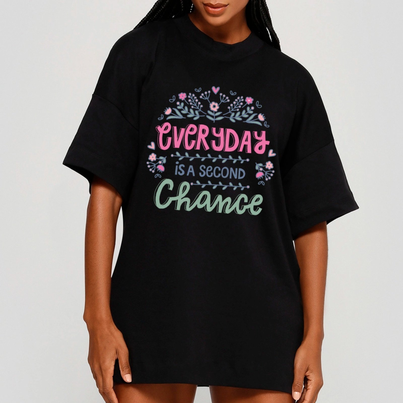 Camiseta Ousy Frase Positiva Oversized Feminina Preto