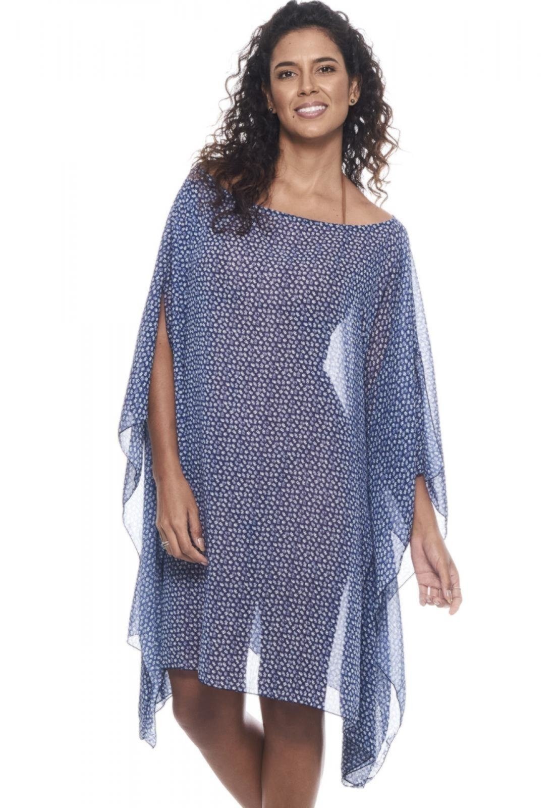 Saída Vestido Kaftan Amplo Crepe Estampado Branco Azul