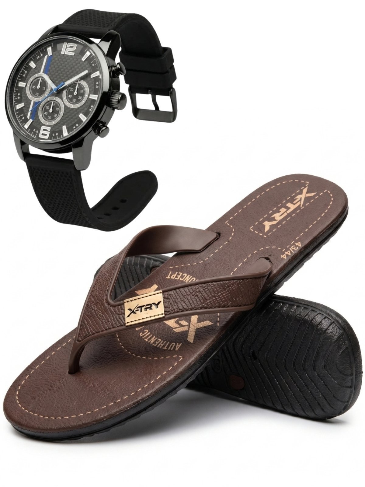 Chinelo Masculino De Dedo Casual Sapatofran Marrom + Relógio Ponteiro Kit