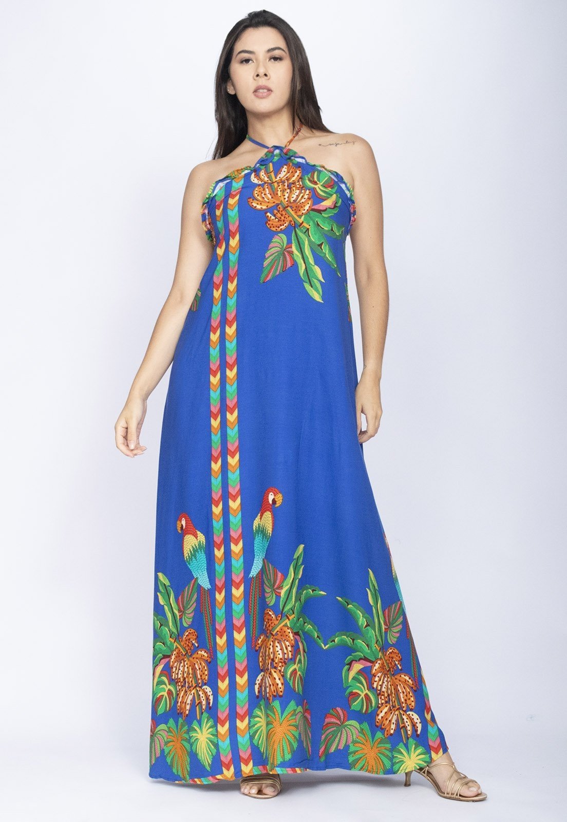 Vista 2 Vestido Amazônia Vital Trapézio Longo Estampa Ararê Blue Amazonia Vital azul/estampado blue