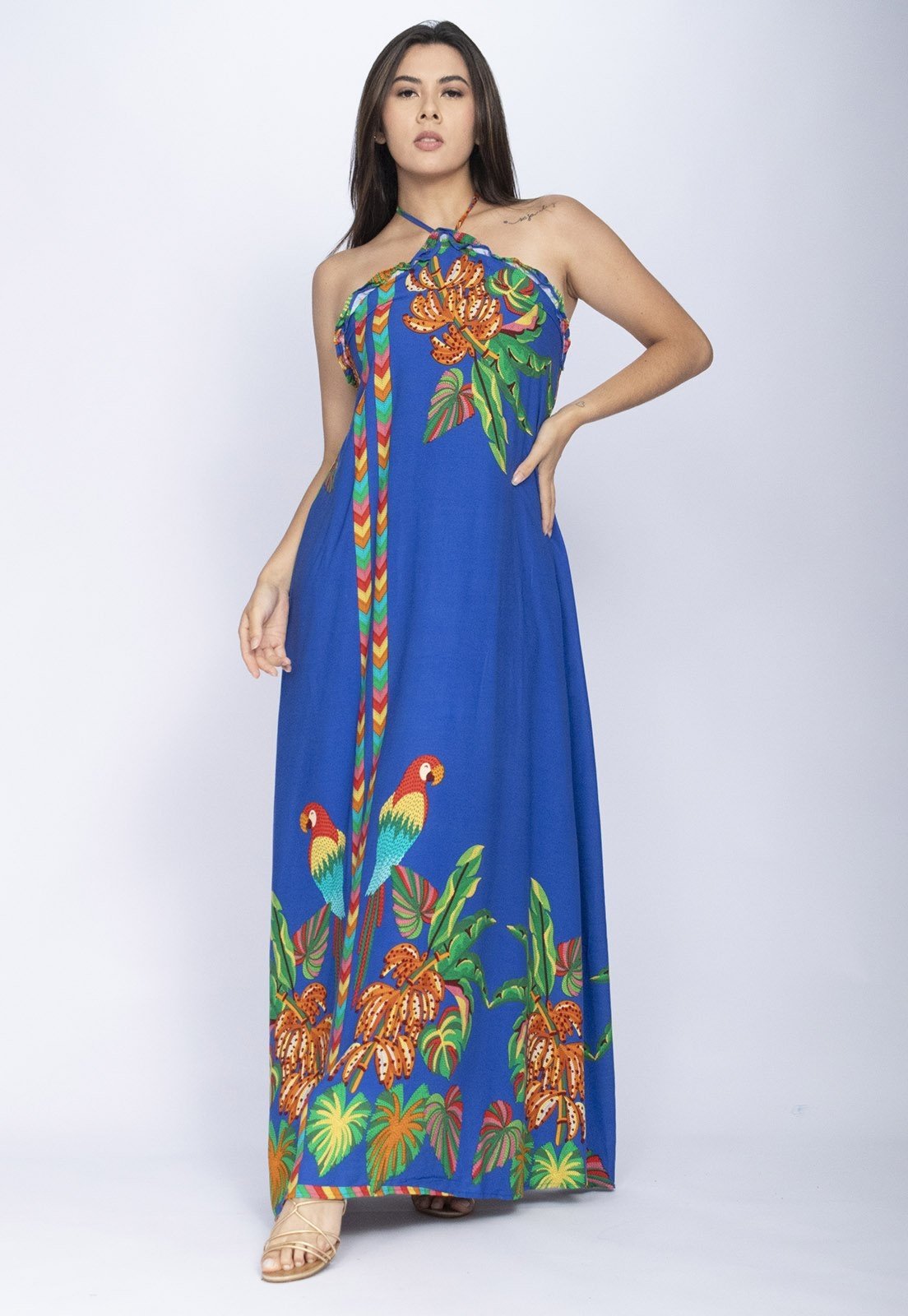 Vista 3 Vestido Amazônia Vital Trapézio Longo Estampa Ararê Blue Amazonia Vital azul/estampado blue