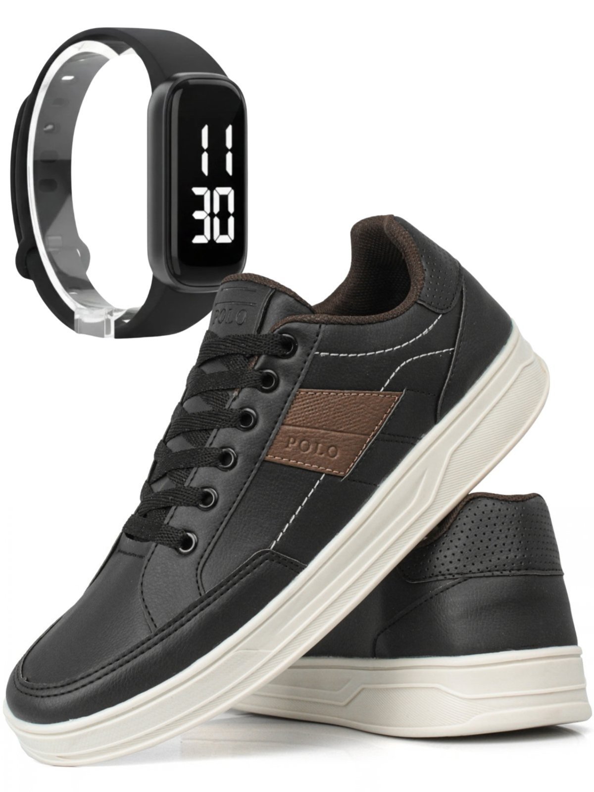 Kit Tênis Casual Masculino Polo Sapatênis Sapatofran Liso Com Relógio Led Digital Preto
