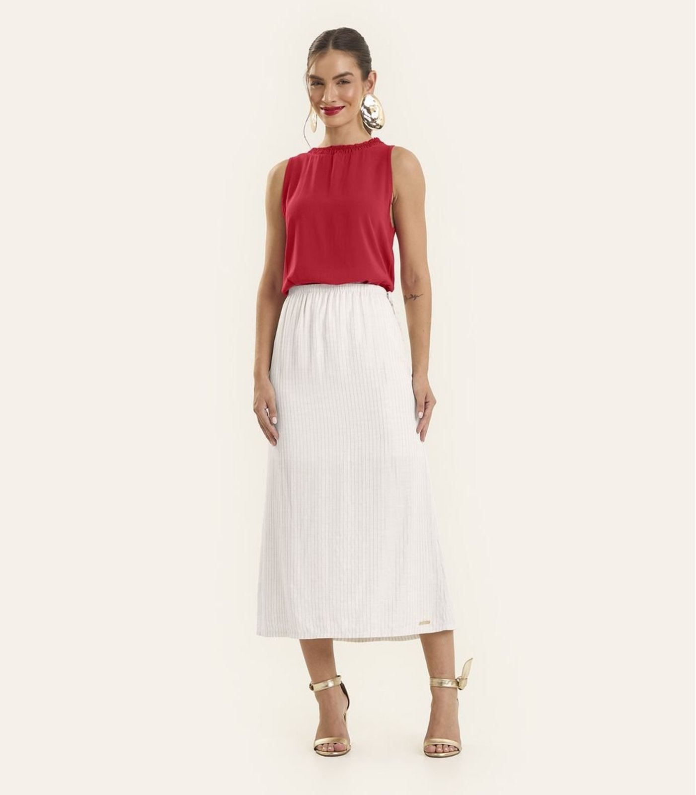 Saia Midi Feminina Listrado Lurex Rovitex Bege