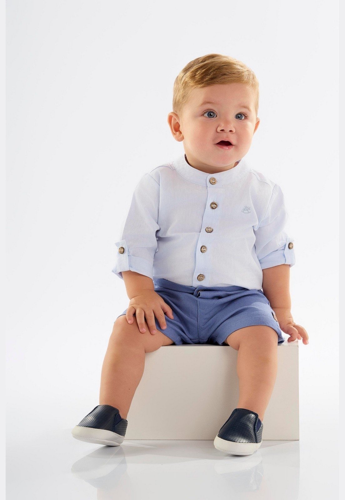 Infantil - Body Camisa para Menino em Tecido Chambray Up Baby Azul