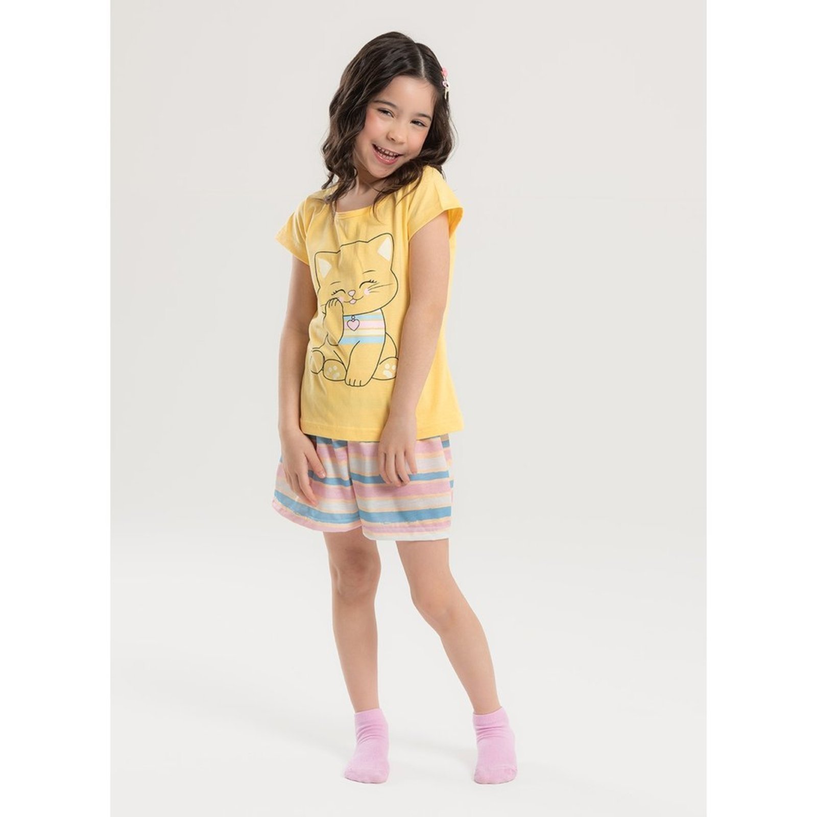 Pijama Verão Menina Amarelo Blusa e Shorts Gatinha Listrada