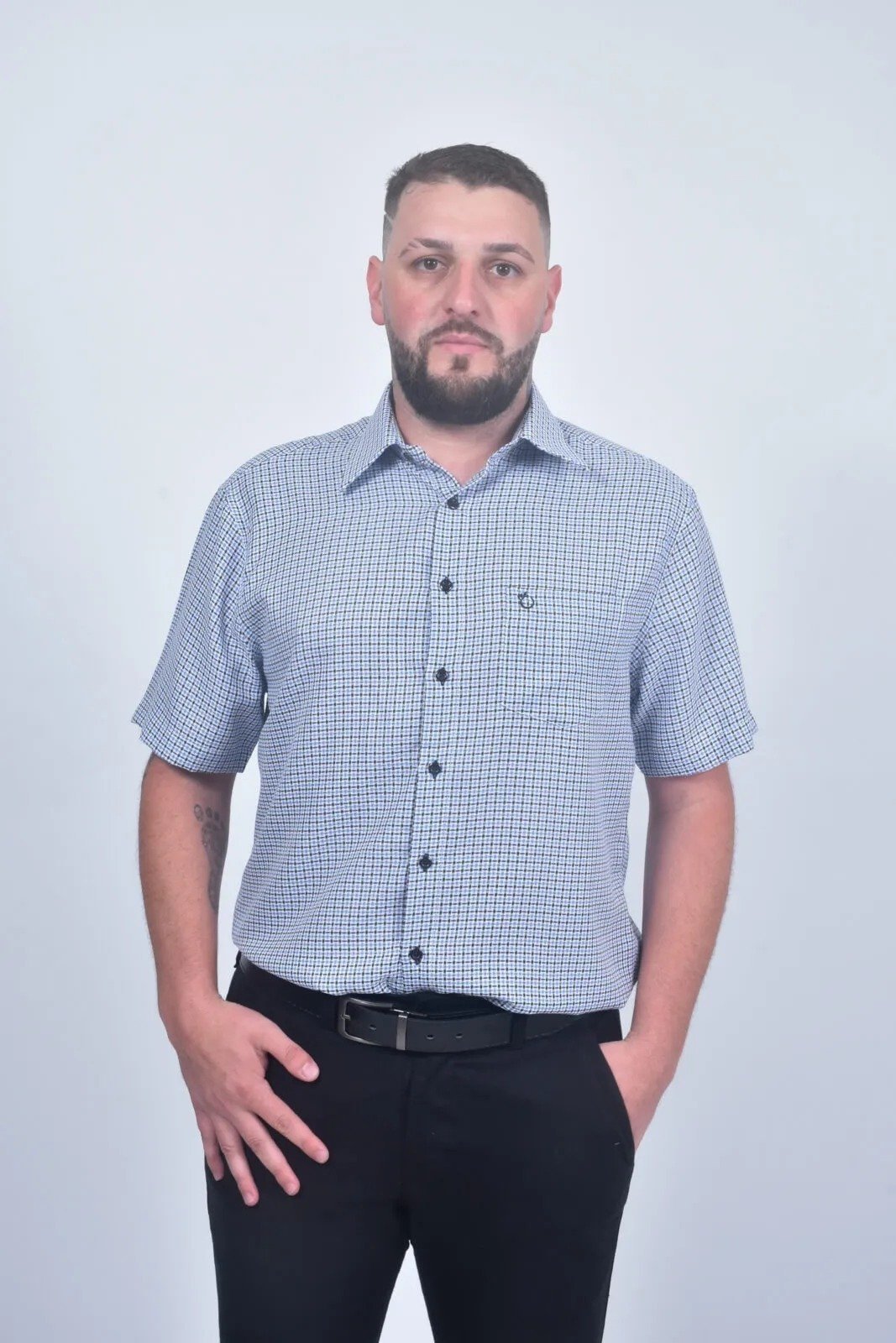 Camisa Social Masculina Olimpo Xadrez Manga Curta Azul