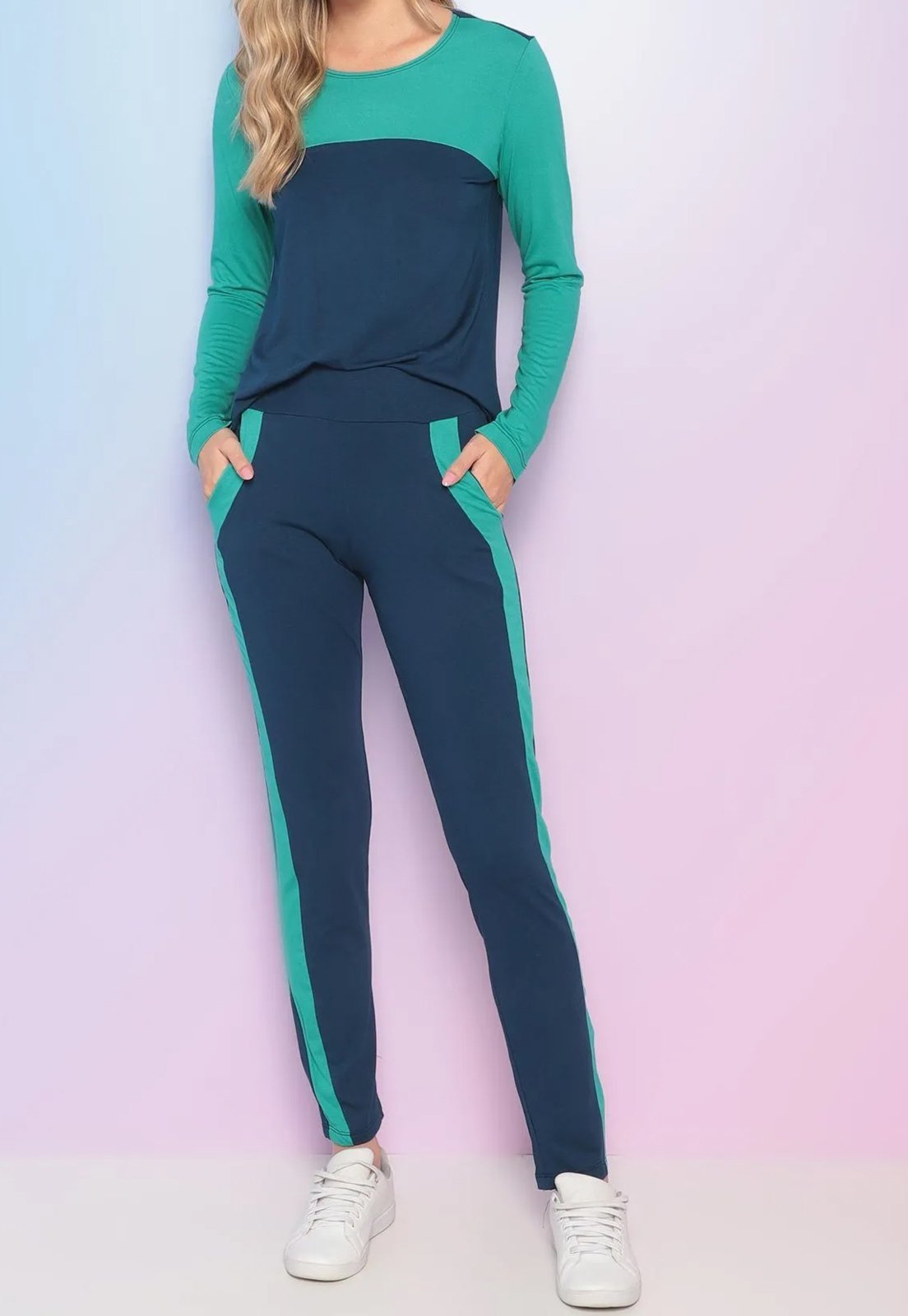 Conjunto Viscolycra Maria Paes Calça e Blusa Manga Longa Marinho e Verde