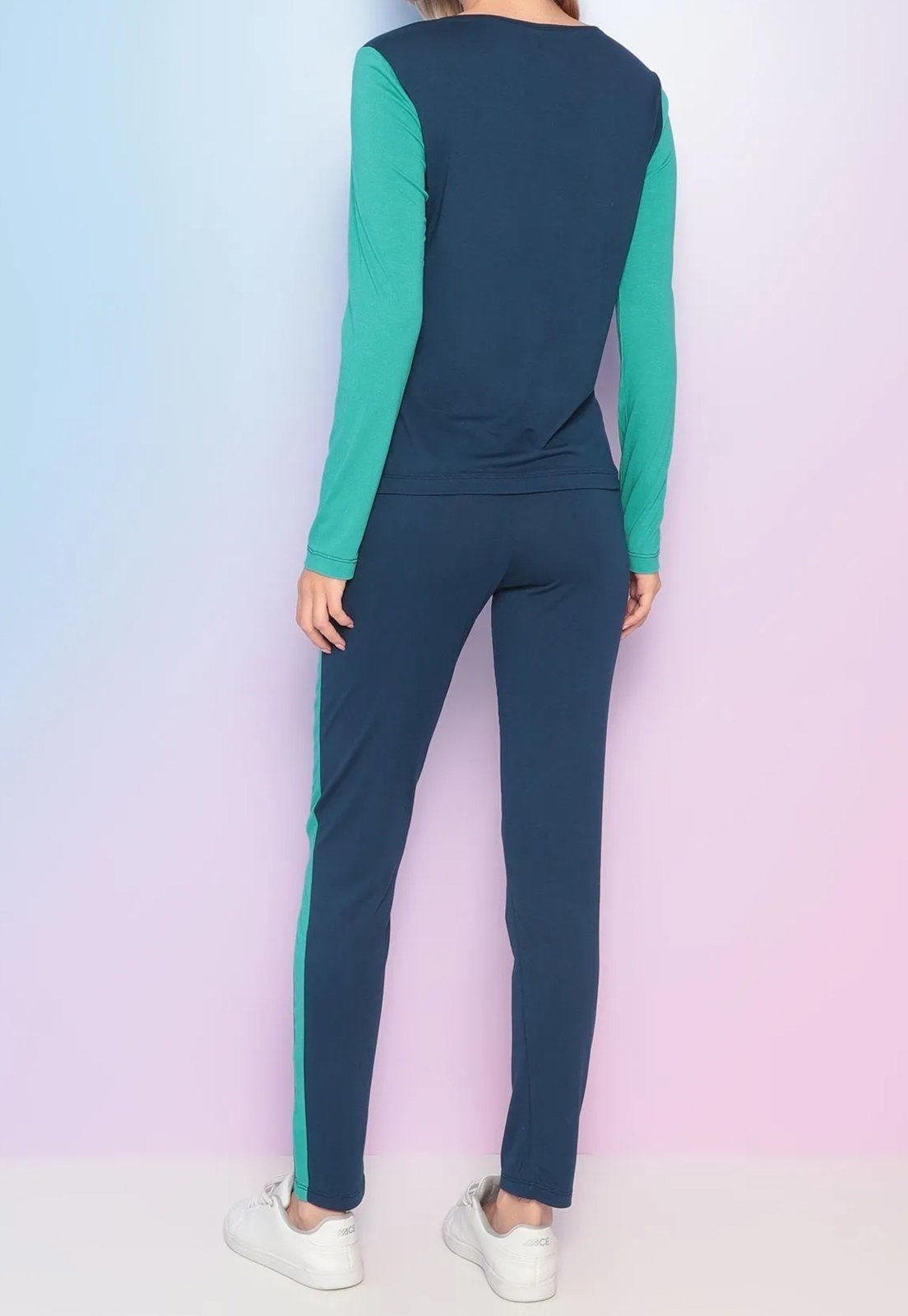 Vista 3 Conjunto Calça e Blusa Manga Longa Maria Paes Marinho e Verde azul marinho verde Maria Paes azul marinho verde