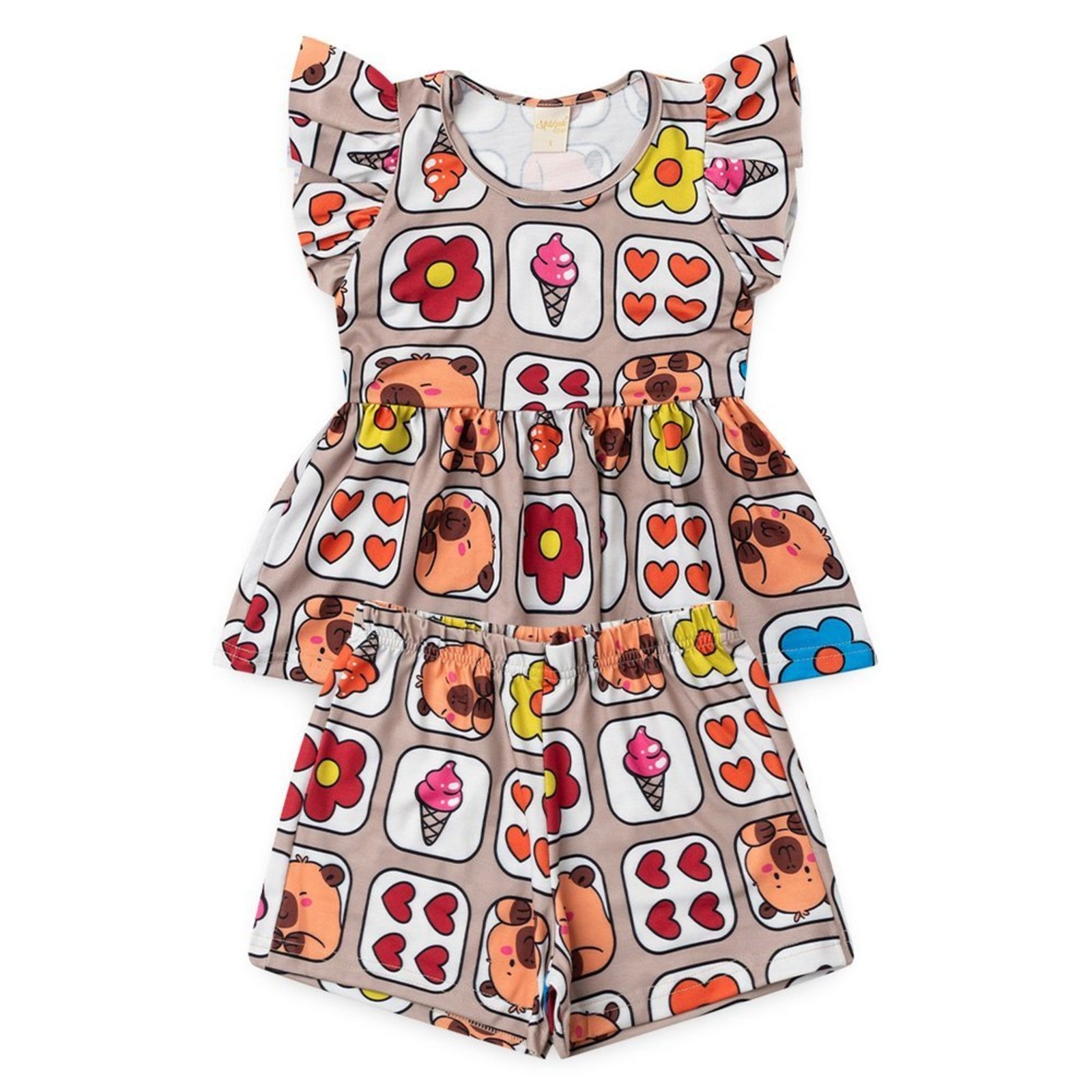 Infantil - Conjunto Verão Menina Bege Bata com Babado e Shorts Capivaras e Flores