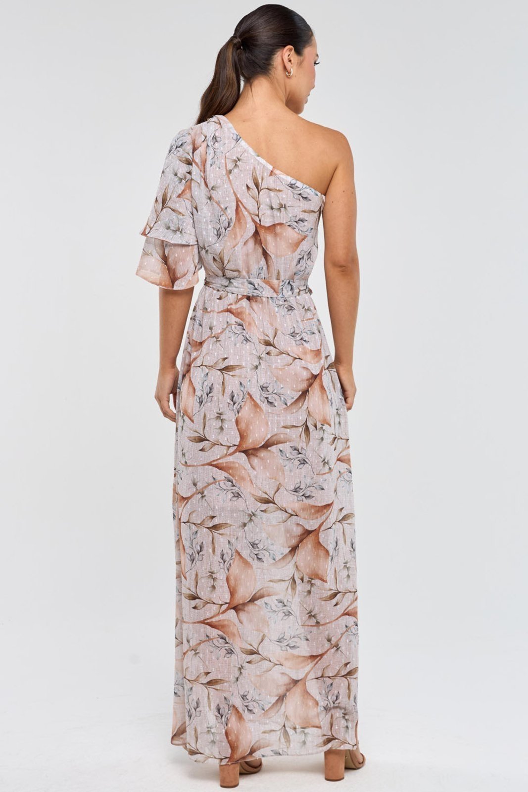 Vista 2 Vestido Longo PKS Um Ombro Só Estampa Mousse bege PKS bege