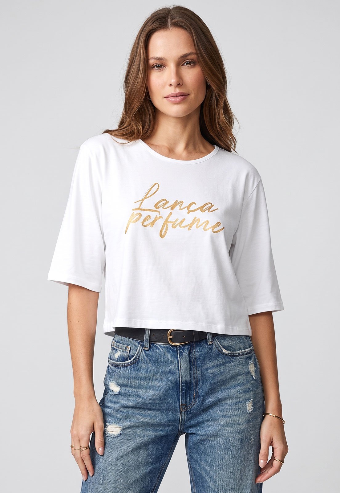 Camiseta Feminina Lança Perfume Logo Metálico Branca