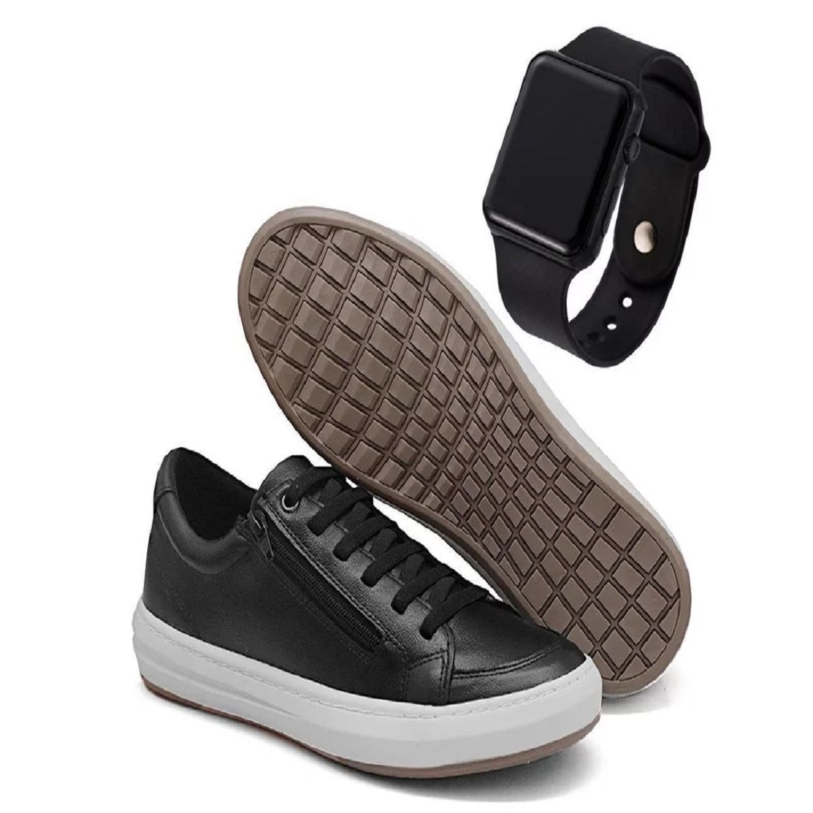 Vista 2 Tênis Casual Sapatênis Em Couro Calce Fácil Zíper Lateral + SmartWatch Brinde Nine4 preto Nine4 preto