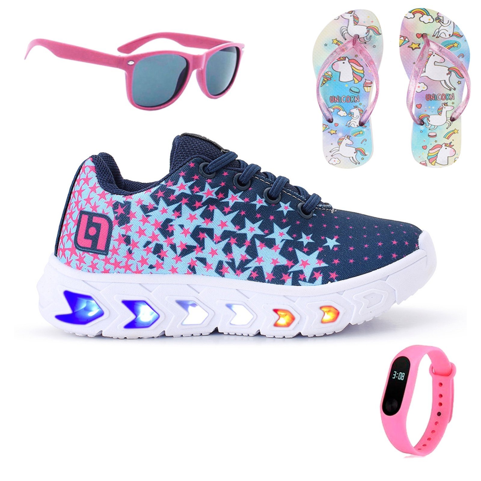 Infantil – Tenis de Led Meninas Casual Escolar Calce Facil Marinho + Chinelo Oculos e Relogio