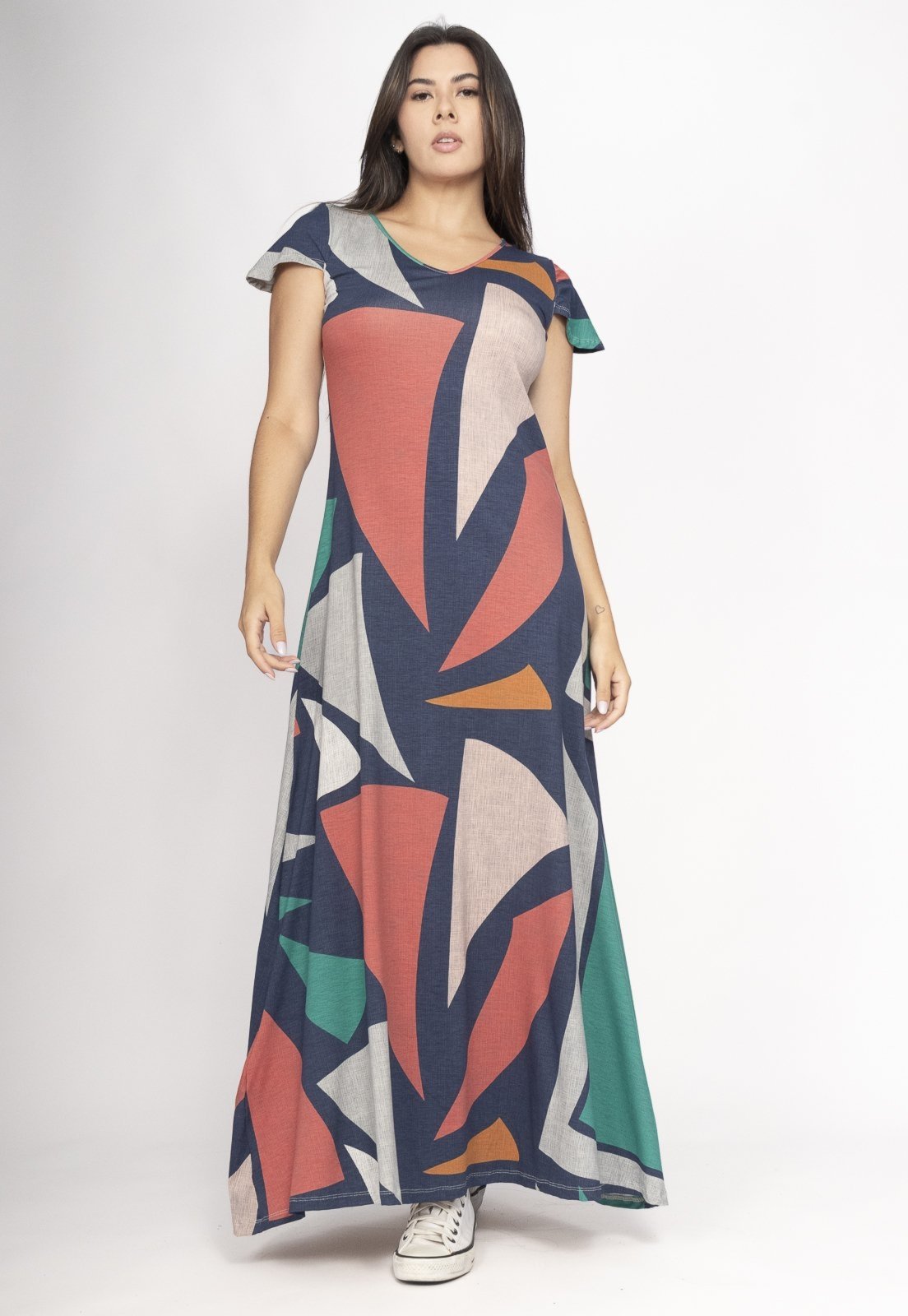Vista 2 Vestido Amazonia Vital Amanara Longo Malha Geometrias do Tempo Amazonia Vital estampado
