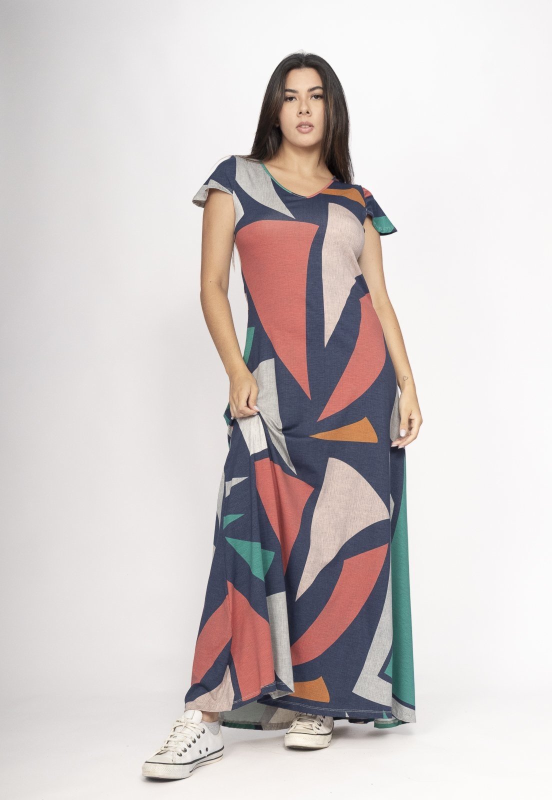 Vista 3 Vestido Amazonia Vital Amanara Longo Malha Geometrias do Tempo Amazonia Vital estampado