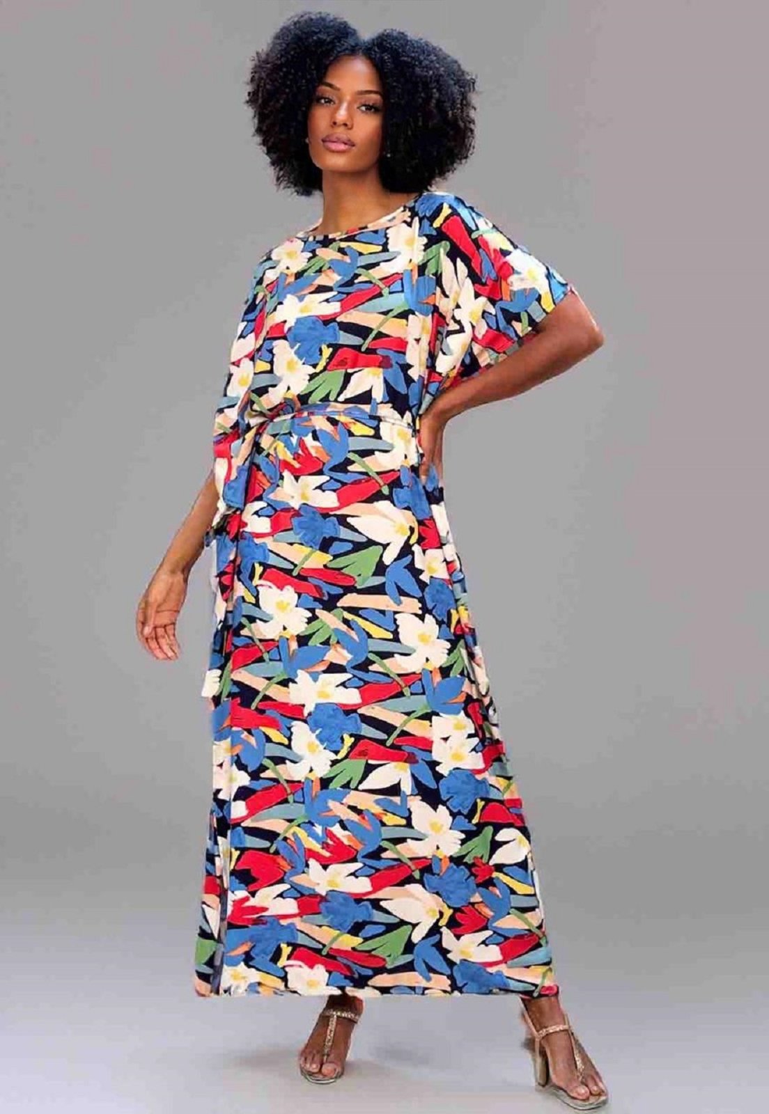 Vestido Kaftan Viscose Longo Estampa Floresce