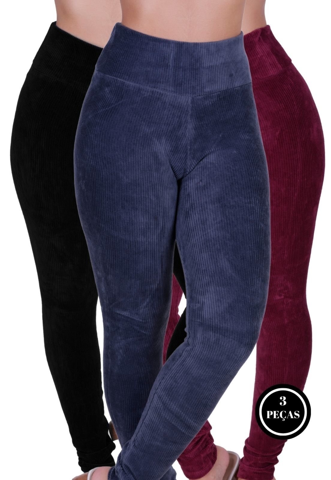 Kit 3 Calça Cotelê Feminina Skinny Canelada Terra E Mar Legging Cintura Alta Veludo Térmica Multicolorido
