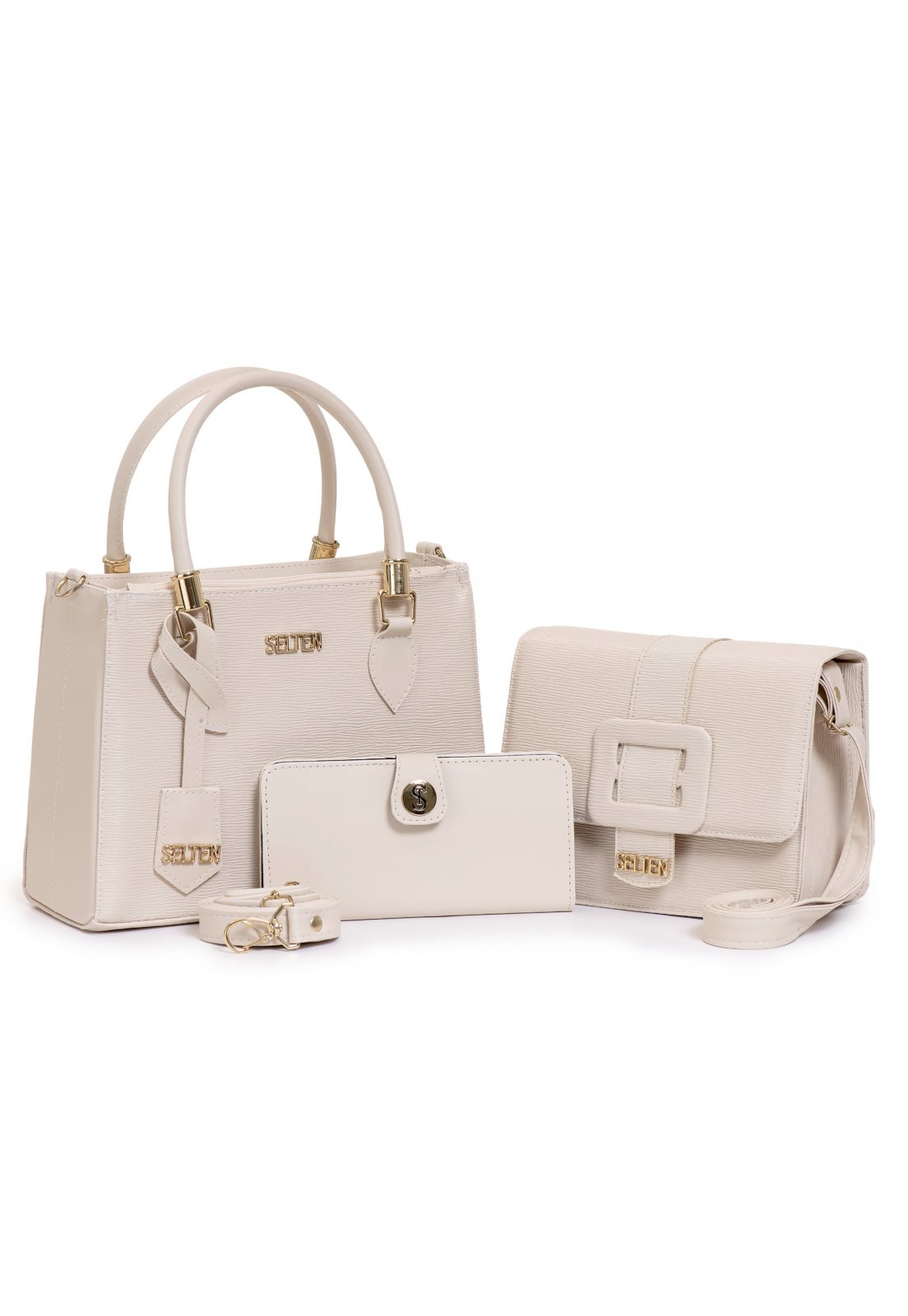 kit bolsa feminina tote + bolsa transversal pequena + carteira creme selten