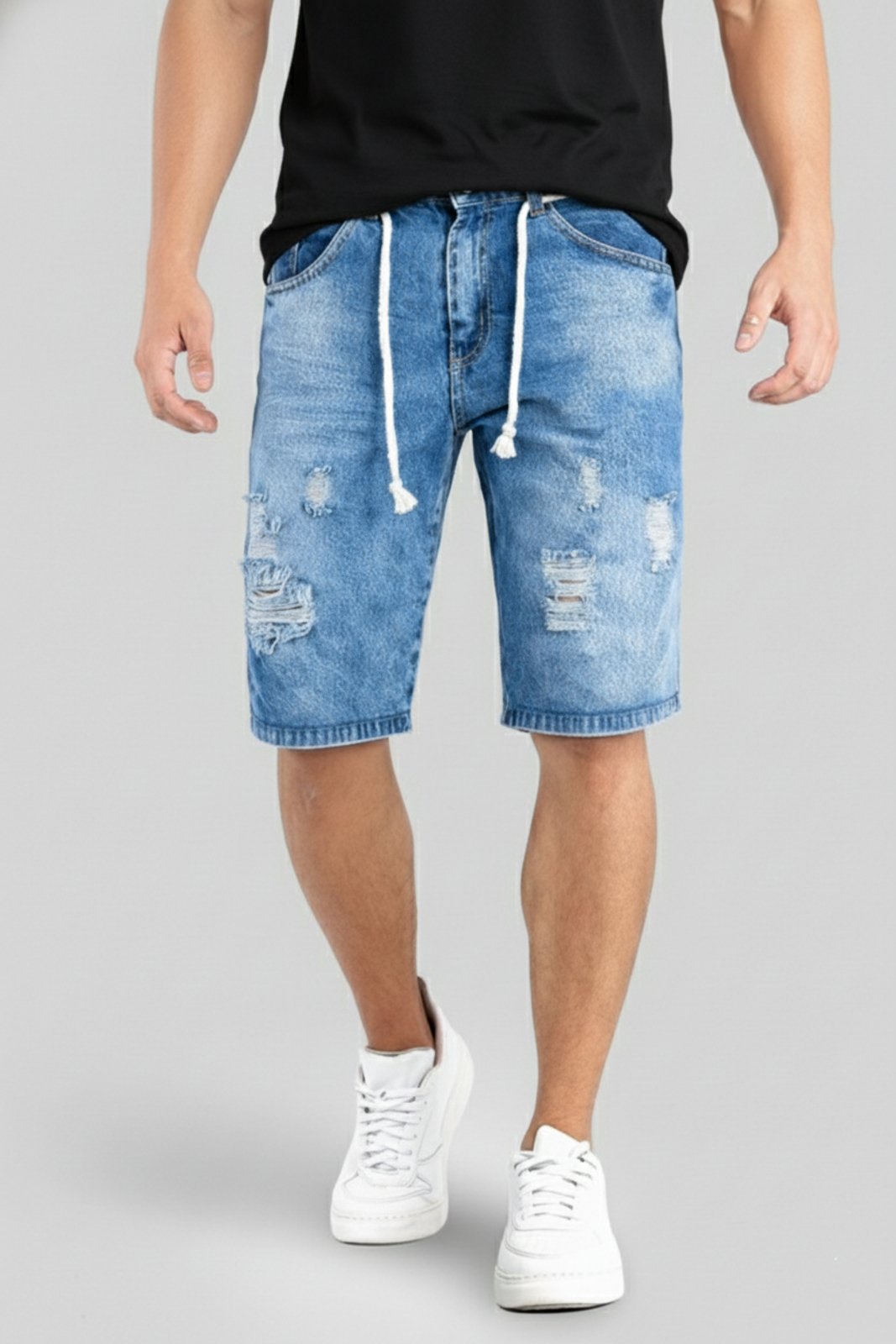 Bermuda Jeans Masculina Destroyed Rasgada Azul Médio Rasgada