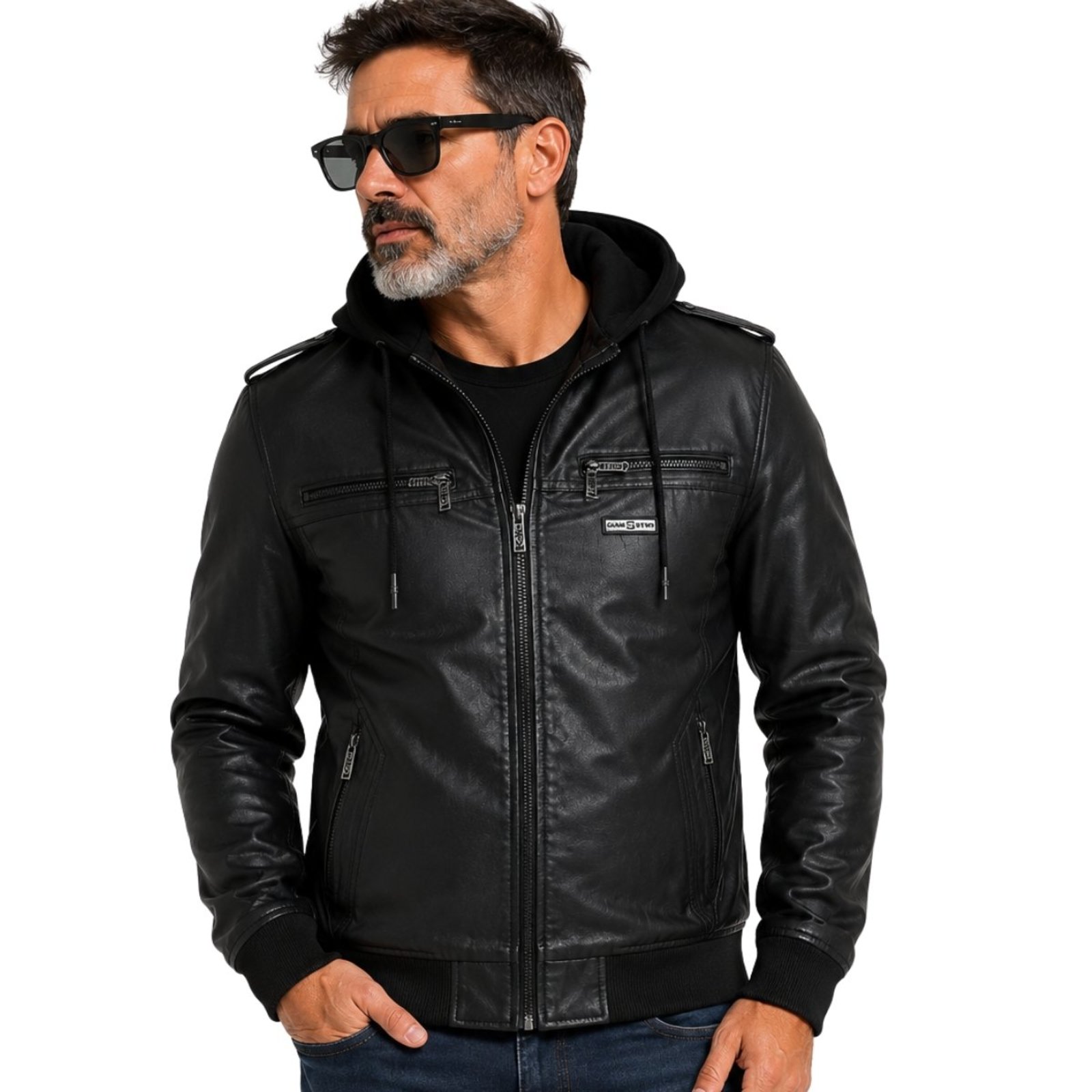 Jaqueta Masculina PU Com Capuz Removível Forrada Preta Preto