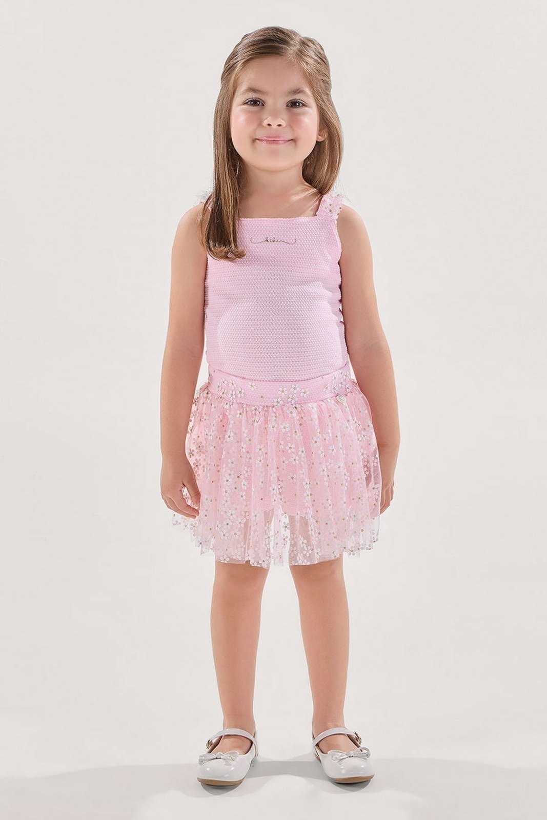 Infantil - Conjunto Blusa Rosa Texturizada com Short-Saia em Tule