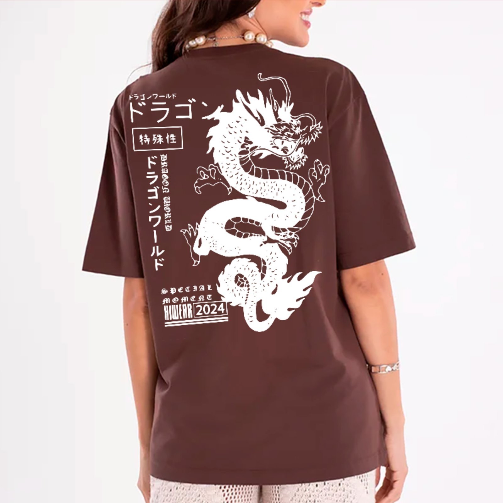 Camiseta Oversized Dragon Oriental Estética Japonesa Marrom