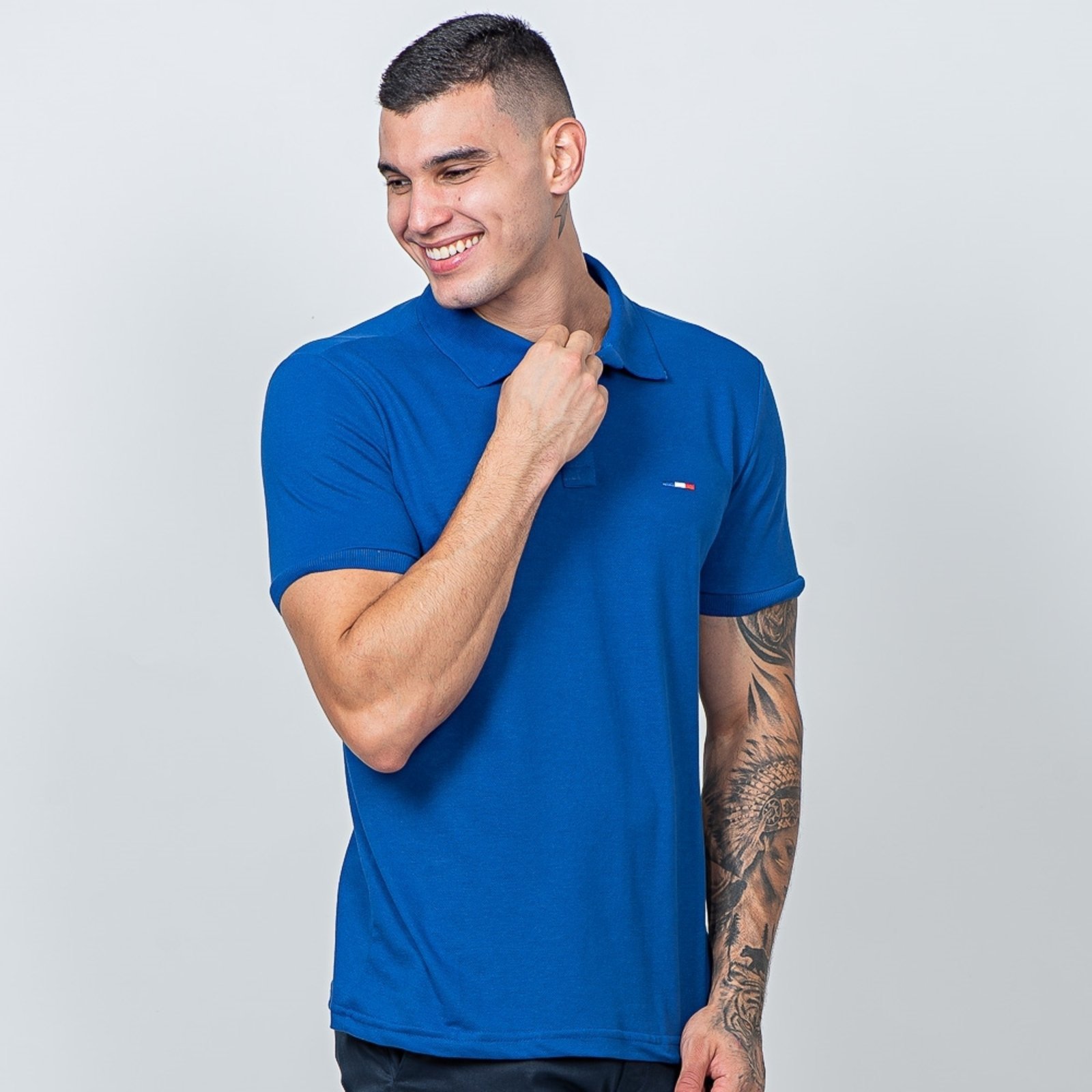 Vista 3 Camisa Polo FMF Masculina Básica Piquet no Estilo Tommy Bordado França Royal azul royal FMF azul royal