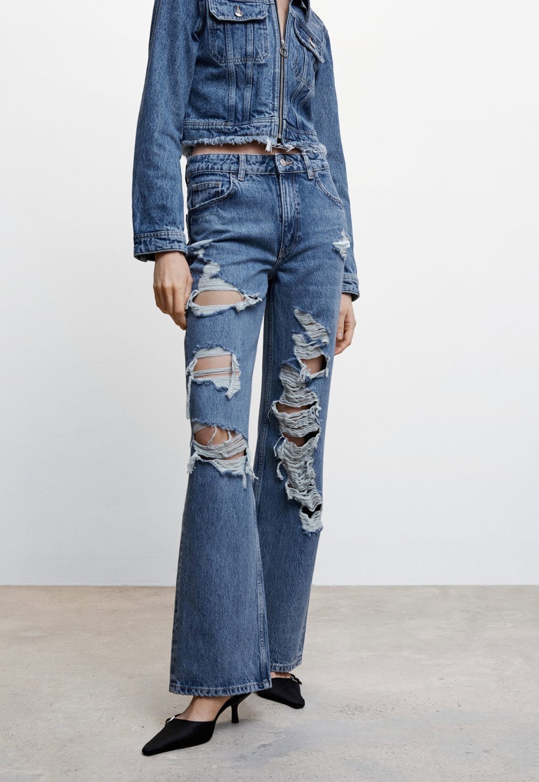 Calça Jeans Mango Flare Destroyed Azul