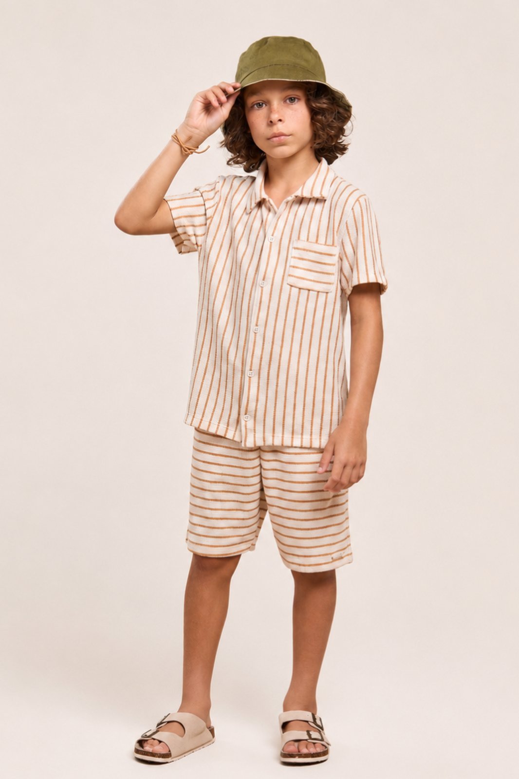 Infantil - Conjunto Menino Camisa Tricot Listrada de Verão