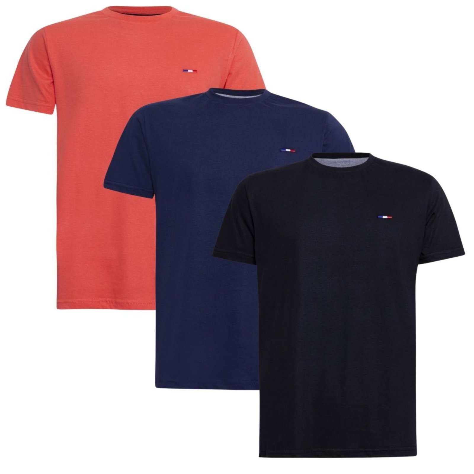Kit 3 Peças Camisetas Básicas Masculina FMF Laranja Preto Marinho em Algodão Premium no Estilo Tommy Bordado França