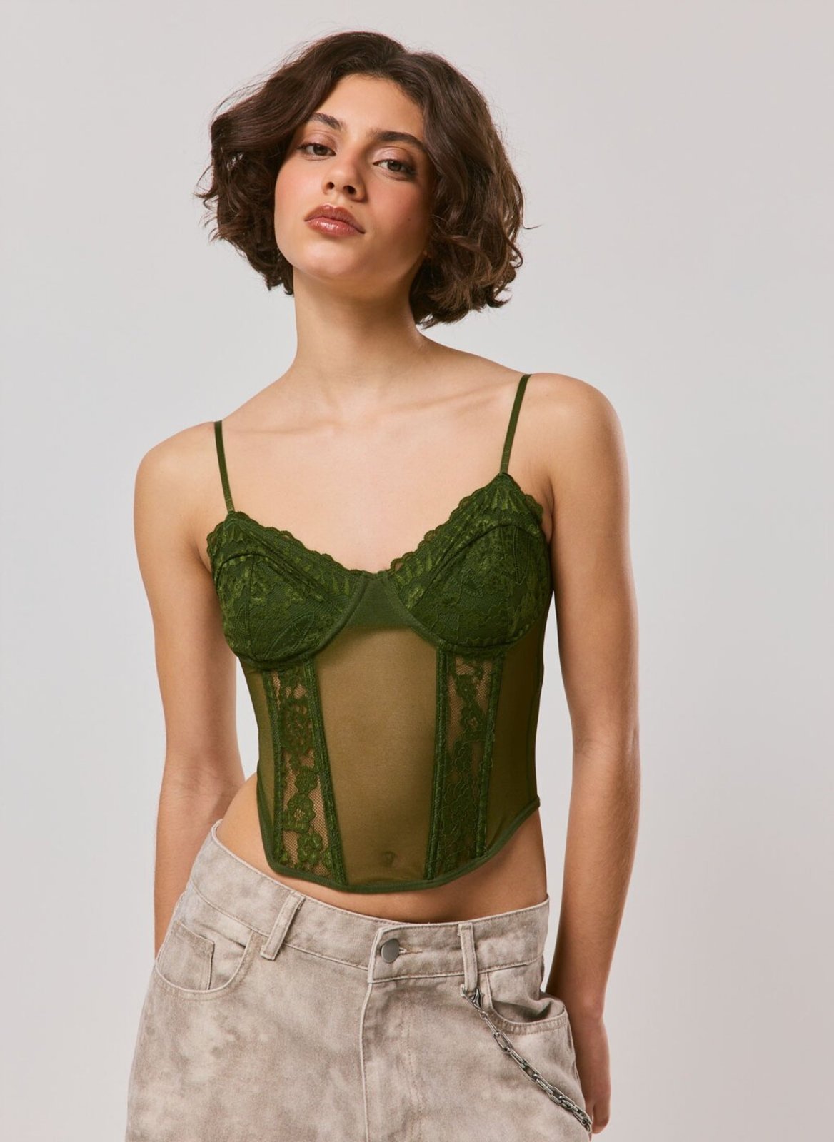 Corset Tule E Renda Verde Militar