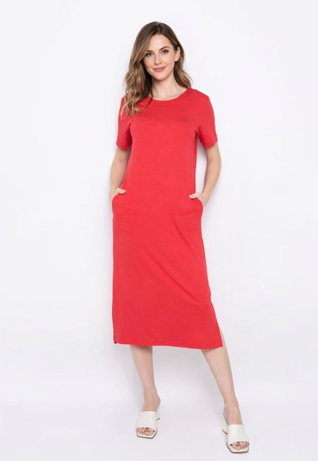 Vestido Viscolycra Maria Paes Midi de Manga Vermelho