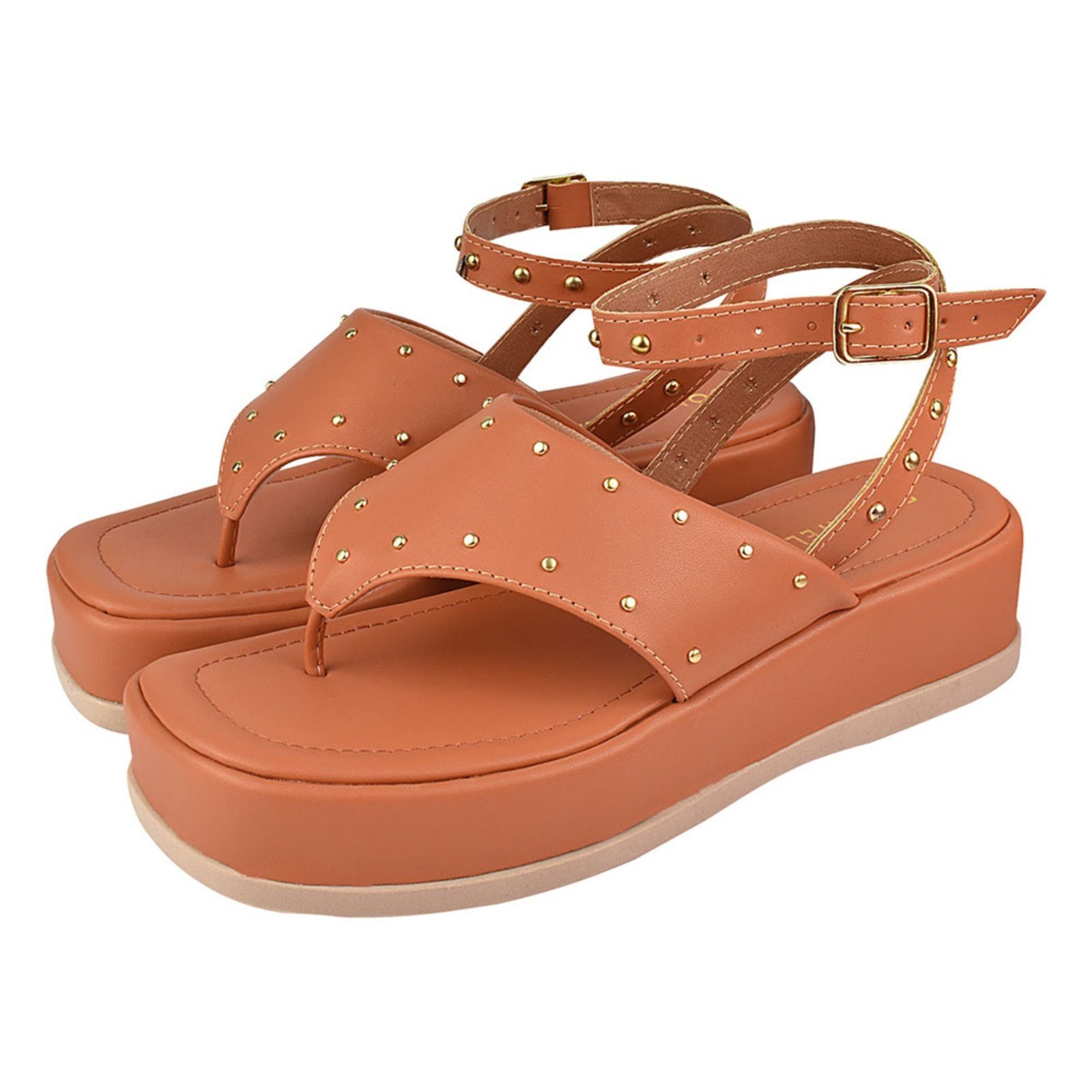 Sandália Plataforma Feminina Chinelo Donatella Shoes Macio Confortável Flatform Hotfix Rebite Spike Caramelo