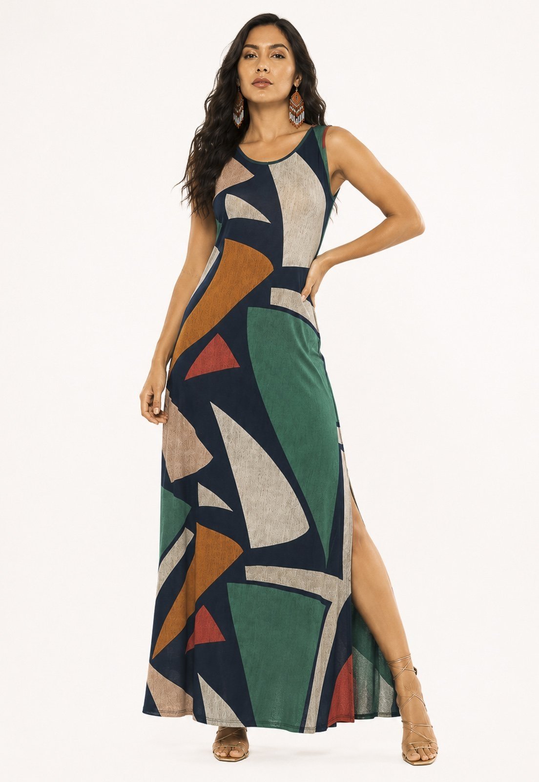 Vestido Longo Amazônia Vital Butiá Malha Regata Estampa Geometrias do Tempo