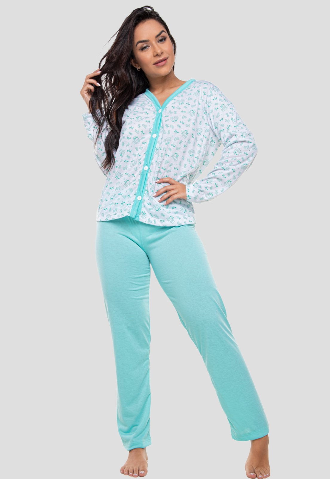Pijama 4 Estações Com Botão Amamentação Manga Longa Feminino Verde