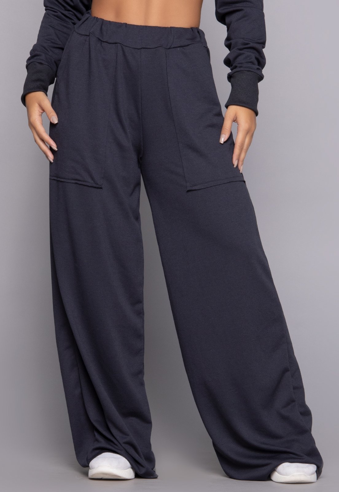 Calça Pantalona Vekyo Cintura Alta Flare Bolso Moletinho Wide Leg Preto