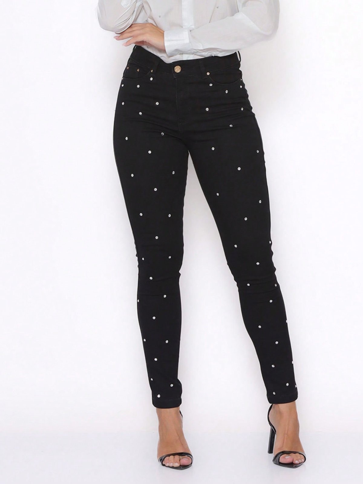Calça Feminina Skinny Jeans Preto Pontos de Strass Levanta Bumbum Brilho