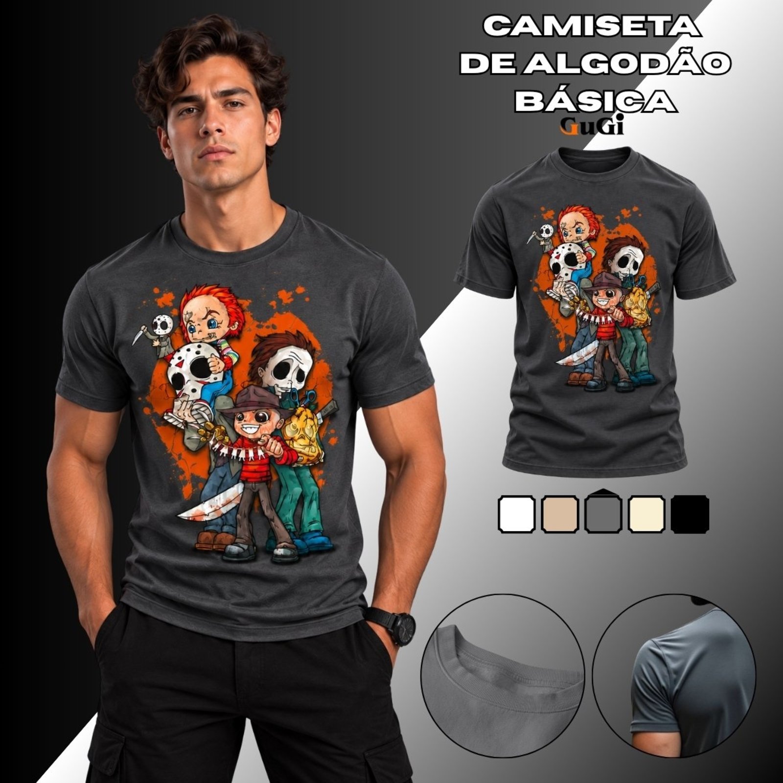 Camiseta Masculina Halloween Monstros Slasher 100% Algodão 30.1 Chumbo