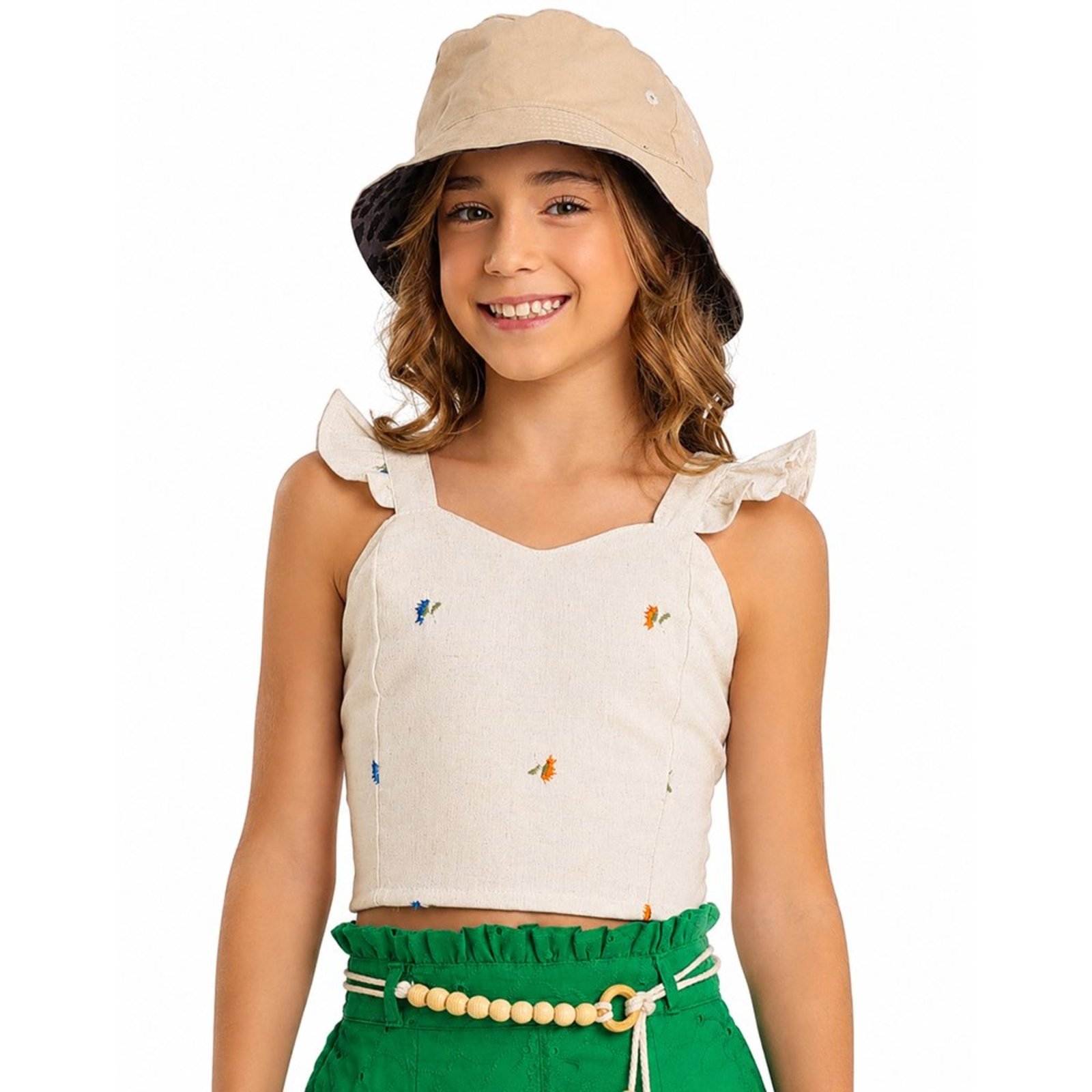 Infantil - Blusinha Juvenil Look Jeans Bordada Linho Natural