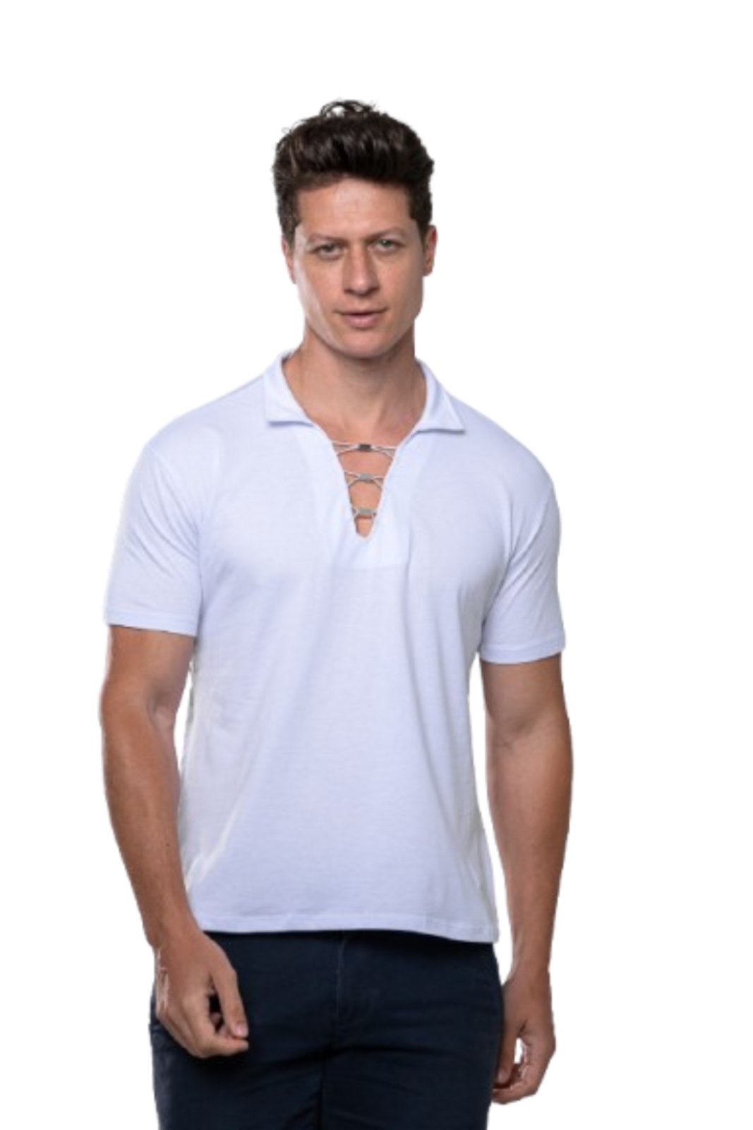 Camiseta Masculina Camisa Gola V Polo Garais Moda Casual Manga Curta 100% Algodão com Ilhós e Cordão Ajustável Branco