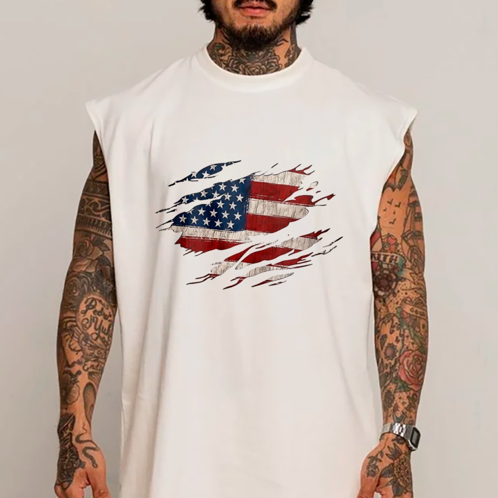 Camiseta Regata Machão Bandeira Americana Patriota Moda Urbana Branco