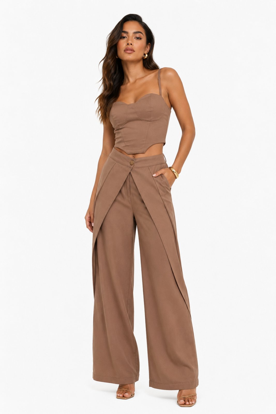 Conjunto Feminino D Bell Outlet Fashion Top Corset Pantalona Overlap Marrant Nude