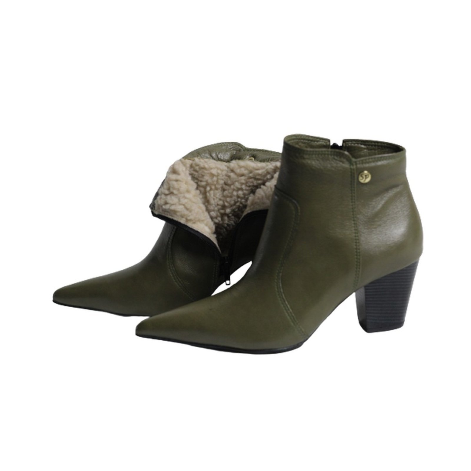 Bota Feminina em Lã Sintética Bico Fino Cano Curto Couro Salto 6 CM Verde Spinelli