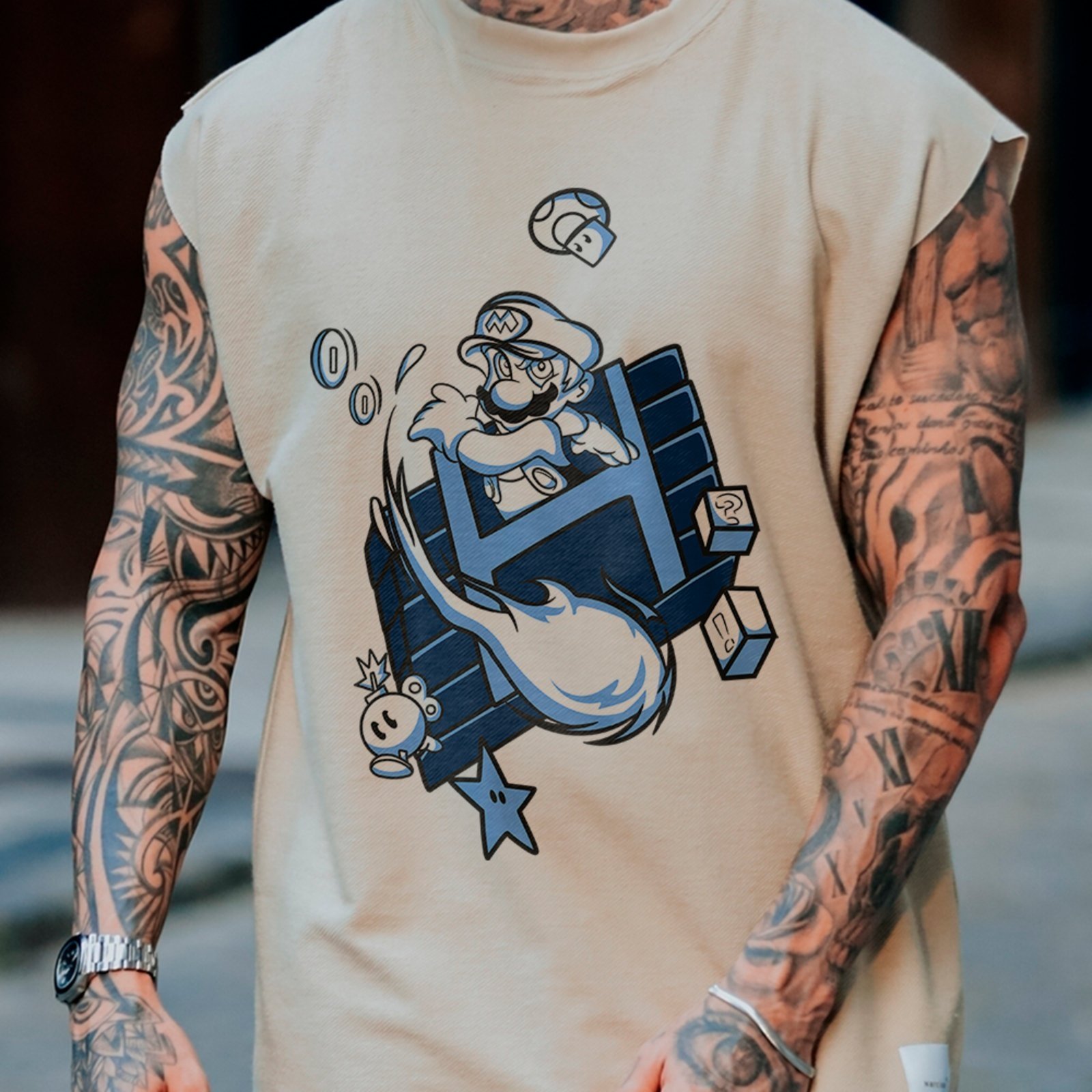 Camiseta Regata Machão Super Mario Bros Estampa Clássica Geek Masculina Off White